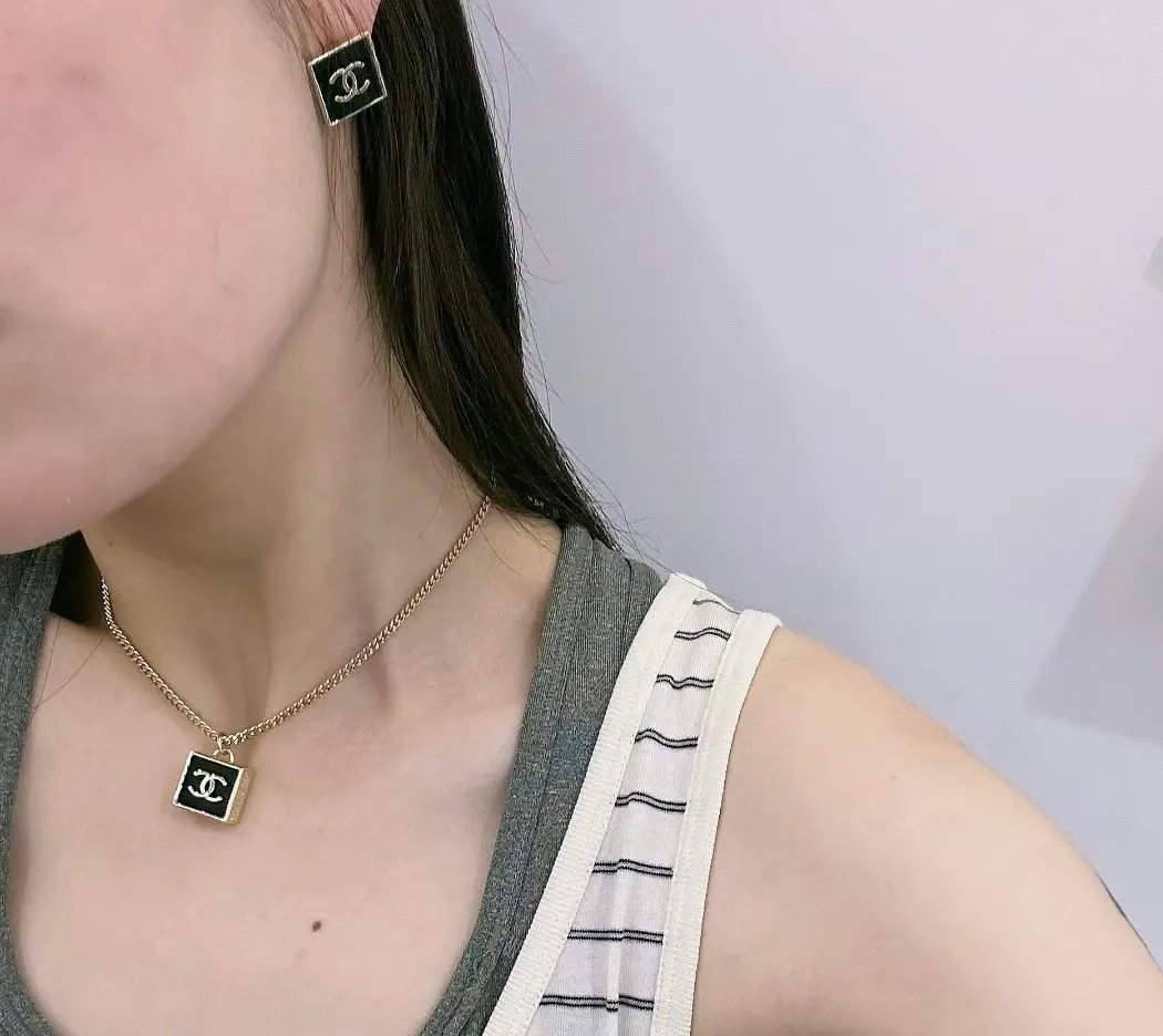 Chanel Black Square Tag Pendant Necklace Minimalist