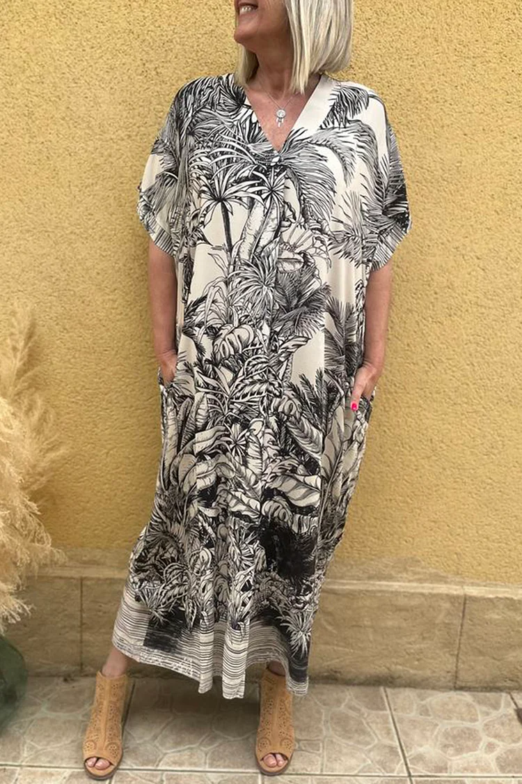 V Neck Tropical Leaf Printed Linen Loose-Fit Bohemia Maxi Dresses [Pre Order]