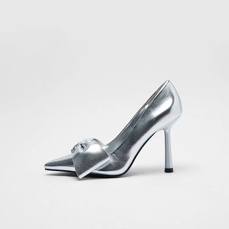Silver Metallic Pointed Toe Stiletto Heels Oversize Bow Pumps Shoes |FSJ Shoes