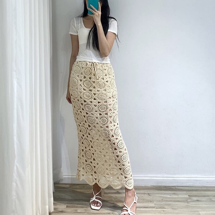 New Ladies Hollow Out Solid Color Skirts Elastic Waist Crocheted Skirt With Drawstring Women Faldas - BlackFridayBuys
