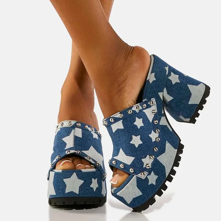 Blue Peep Toe Vintage Star-Print Chunky Heel Stud Platform Mules |FSJ Shoes