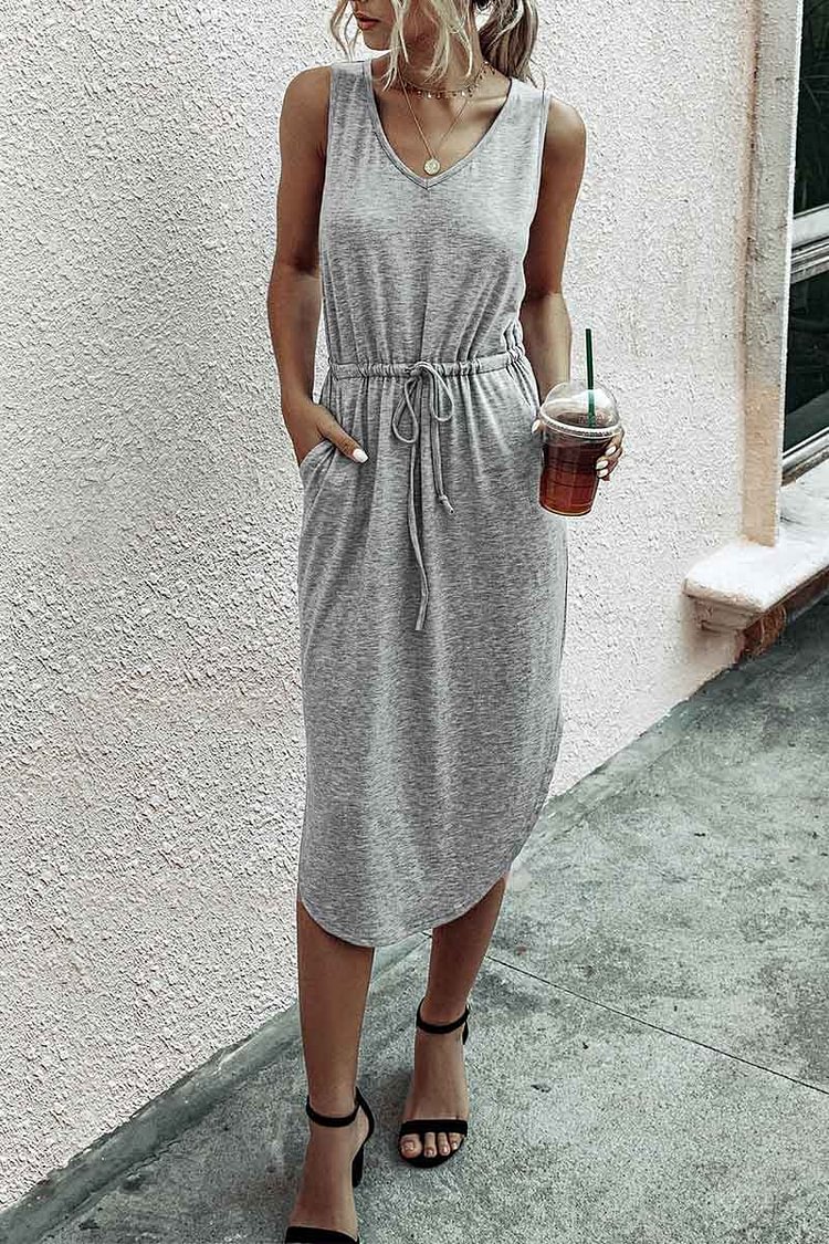 Casual Drawstring Tank Dress With Pocket - BlackFridayBuys
