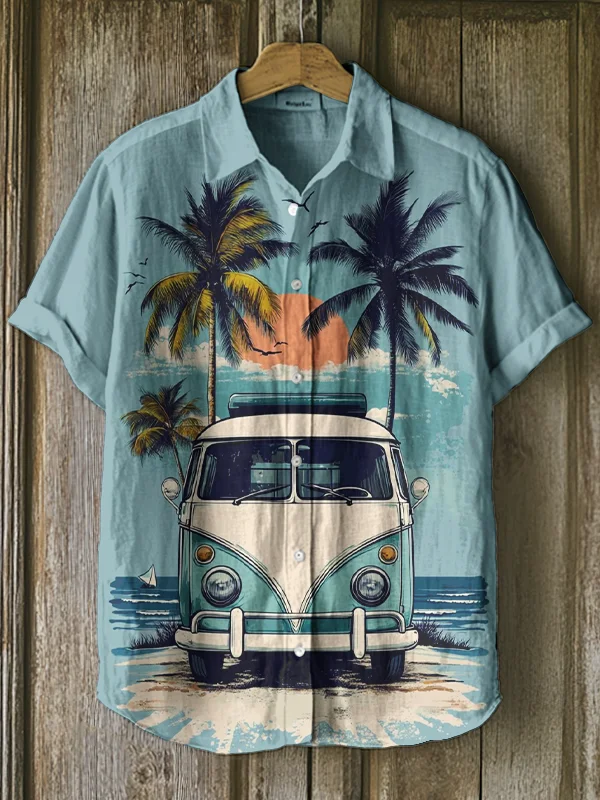 Men's Seaside Bus Holiday Art Print Casual Shirt