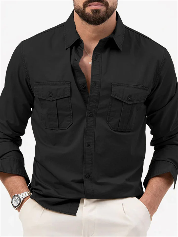 New Solid Color Men's Lapel Shirts with Multiple Pockets Casual Fashion Long-sleeved Tops for Men