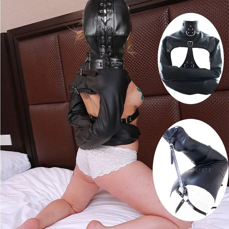 pornhint Pornhint PU Leather Straightjacket Bondage Wear Body Harness Mask Hood Mermaid Leg binder Bondage