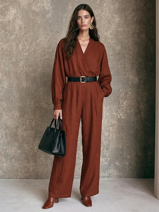 Women's V-Neck Long-Sleeve Wide-Leg Jumpsuit With Waist-Defining Fit MD