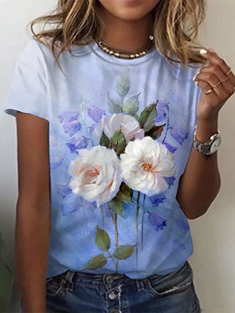 Round Neck Printed Short Sleeve Loose T Shirt P181001586