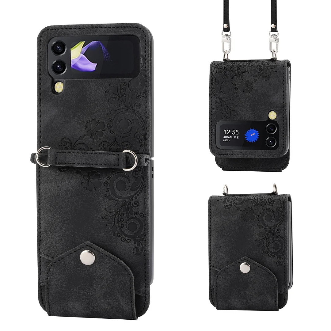Crossbody Wallet Embossing Leather Phone Case With Lanyard And 2 Cards Slot For Galaxy Z Flip3/Z Flip4/Z Flip5