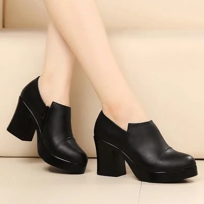 2021 women's spring and autumn shoes thick high heels fashion women genuine leather shoes first layer of cowhide platform pumps