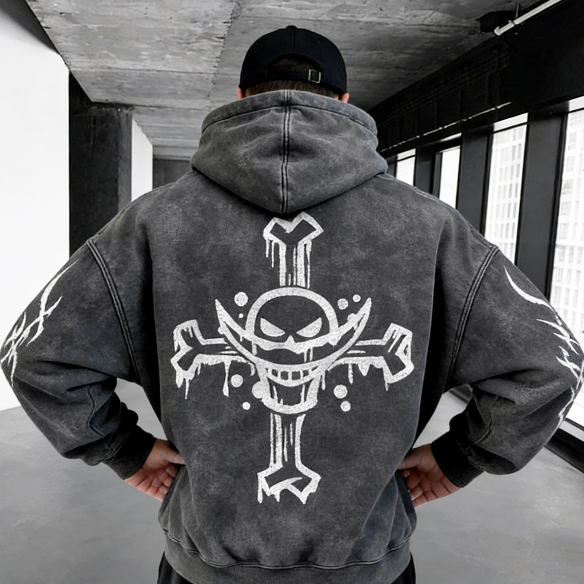 Anime-Inspired Print Washed Hoodie