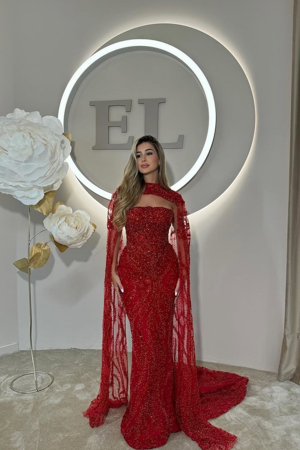 Lvs&Broner Chic Red Strapless Sleeveless Long Mermaid Prom Dress With Beadings