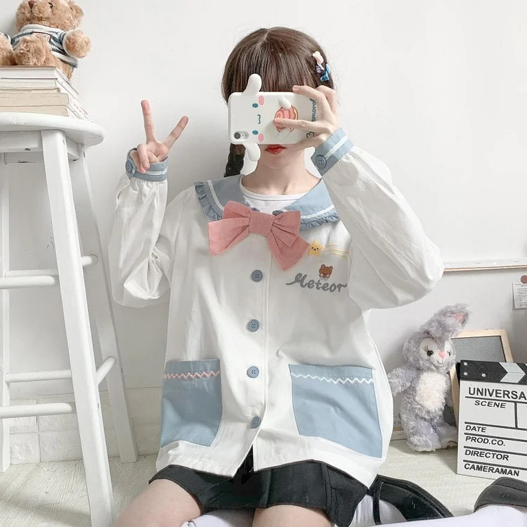Sweet Fashion Bow Tie Rabbit Ears Navy Collar Coat SP15826