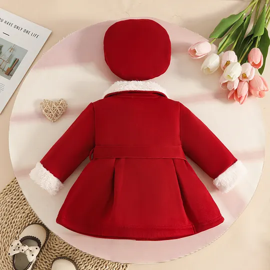 【6M-3Y】Girls Christmas Fur Collar Single-breasted Belted Coat And Beret