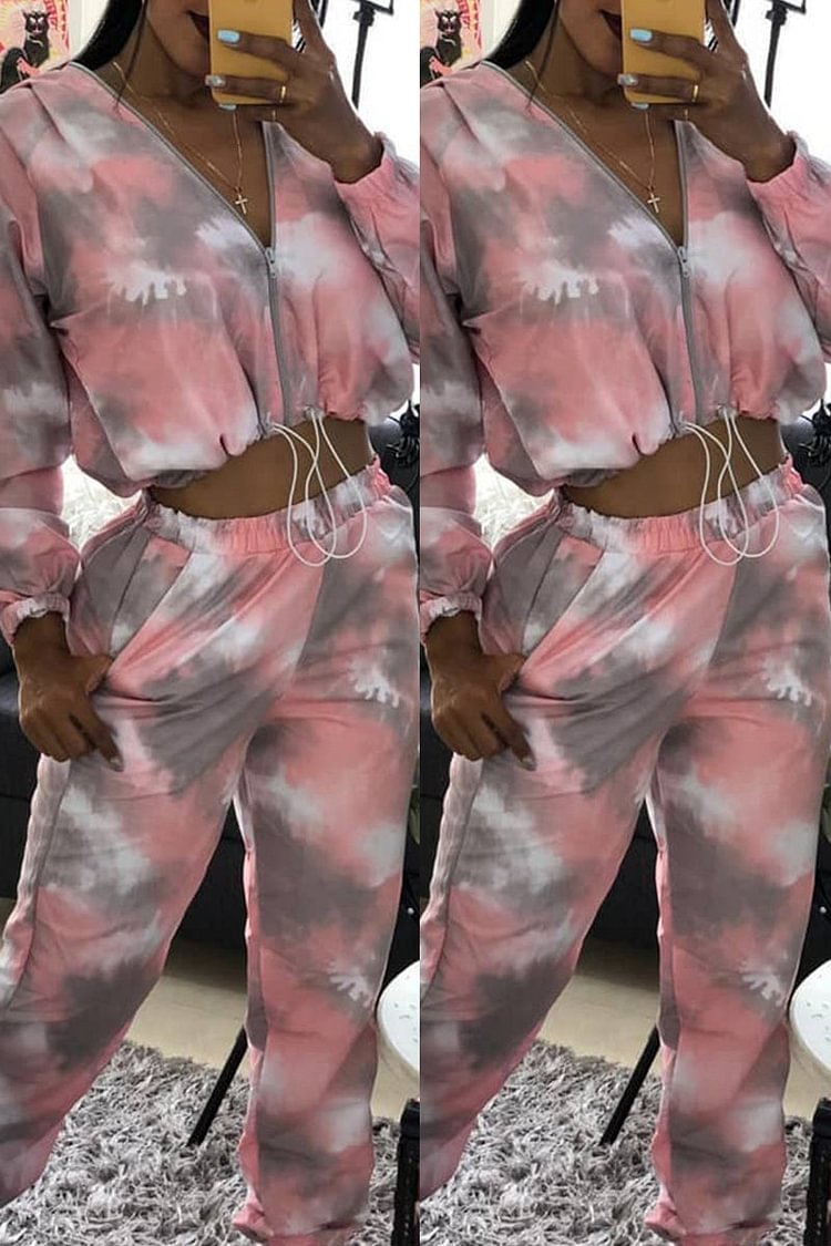 Fashion Casual Long Sleeve Zipper Collar Regular Sleeve Short Print Tie Dye Two Pieces - Life is Beautiful for You - SheChoic