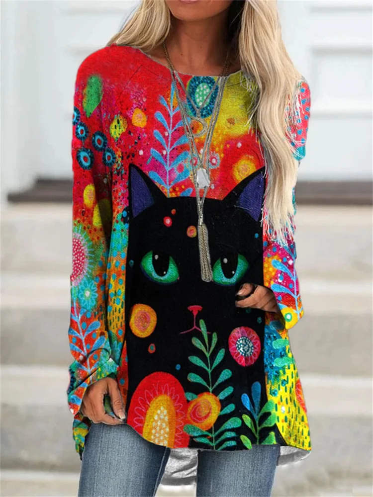 Floral Cat Art A Line T Shirt