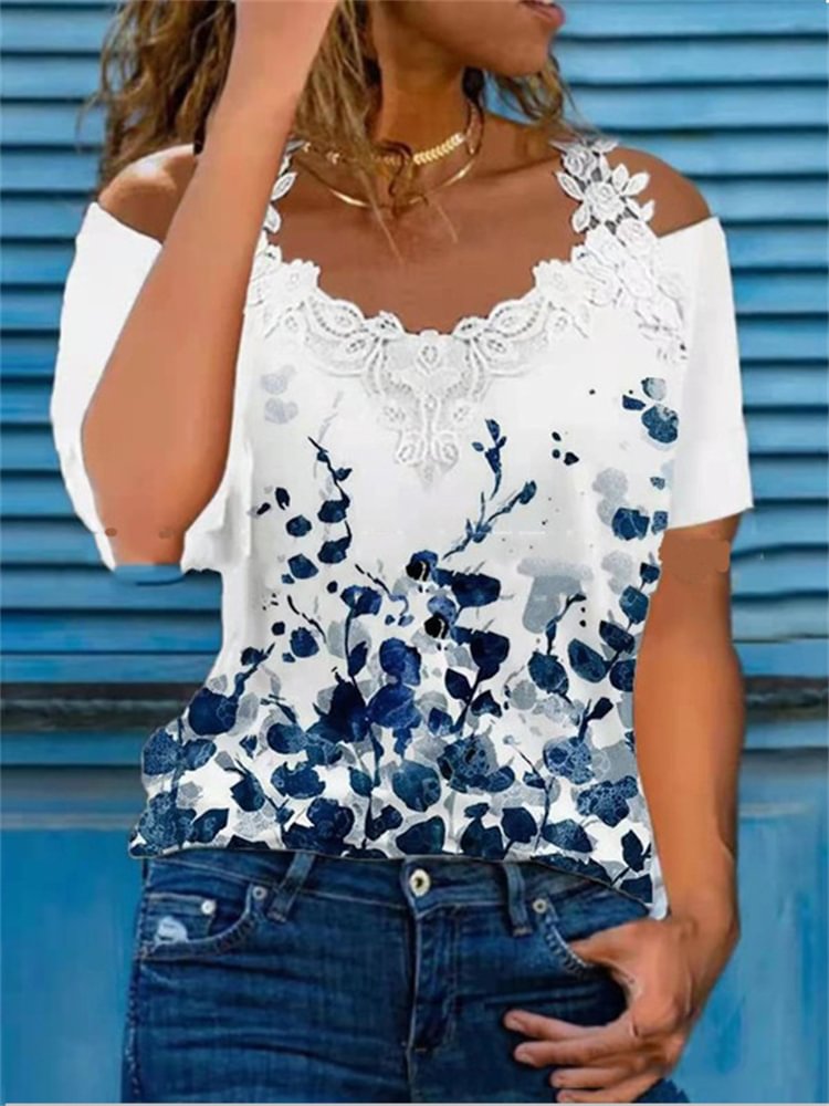 Comstylish Abstract Floral Watercolor Lace Hollow Shoulder T Shirt