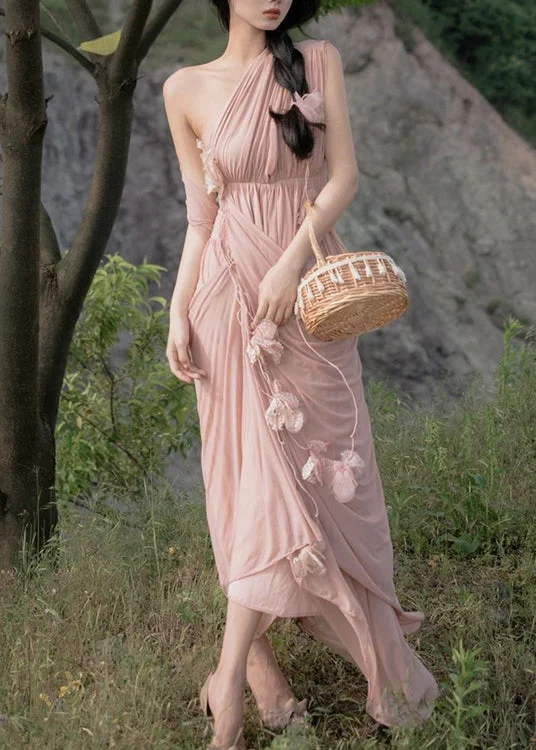 5.17Fashion Pink Asymmetrical Patchwork Floral Elastic Waist Maxi Dress Summer