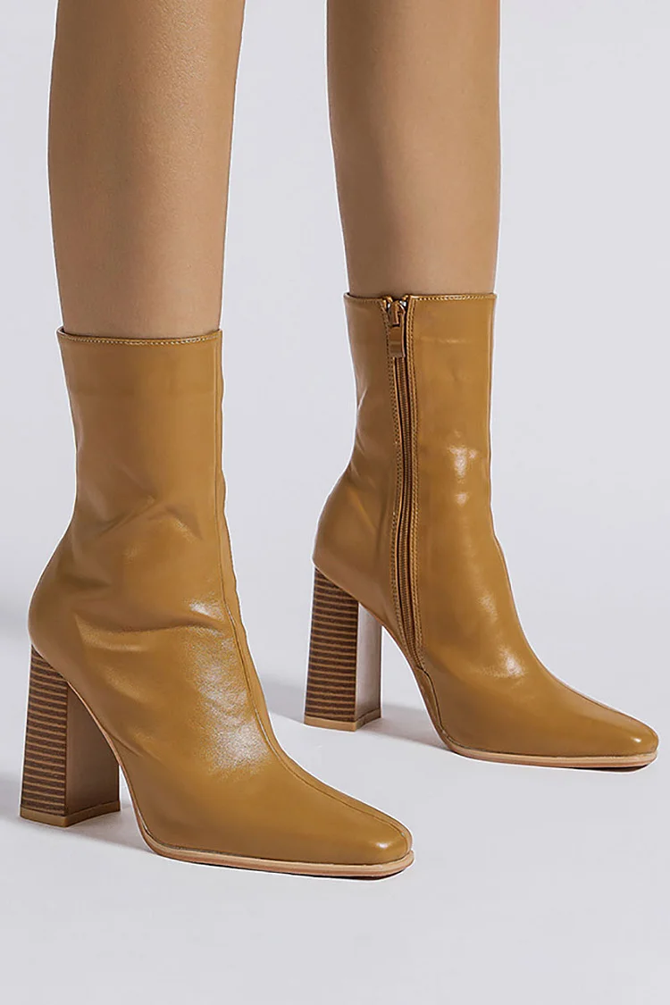 Square Toe Plain Zipper Chunky Heels Mid Calf Boots