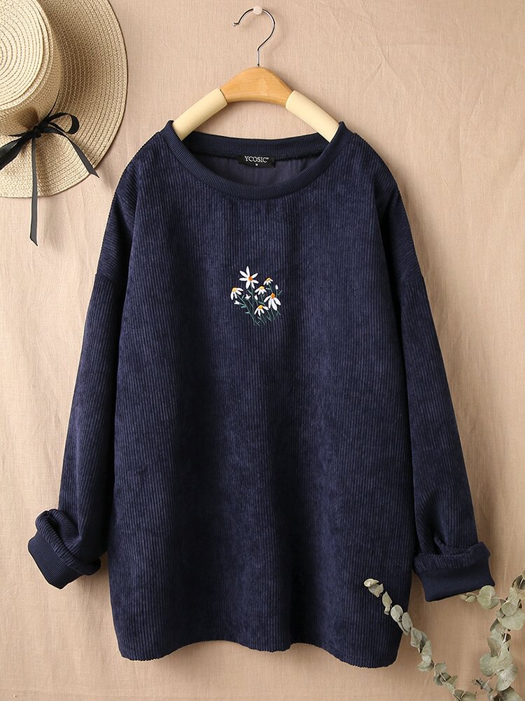 Flower Embroidery Long Sleeve O-neck Corduroy T-shirt For Women