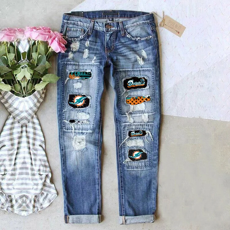 casual fashion perforated printed jeans