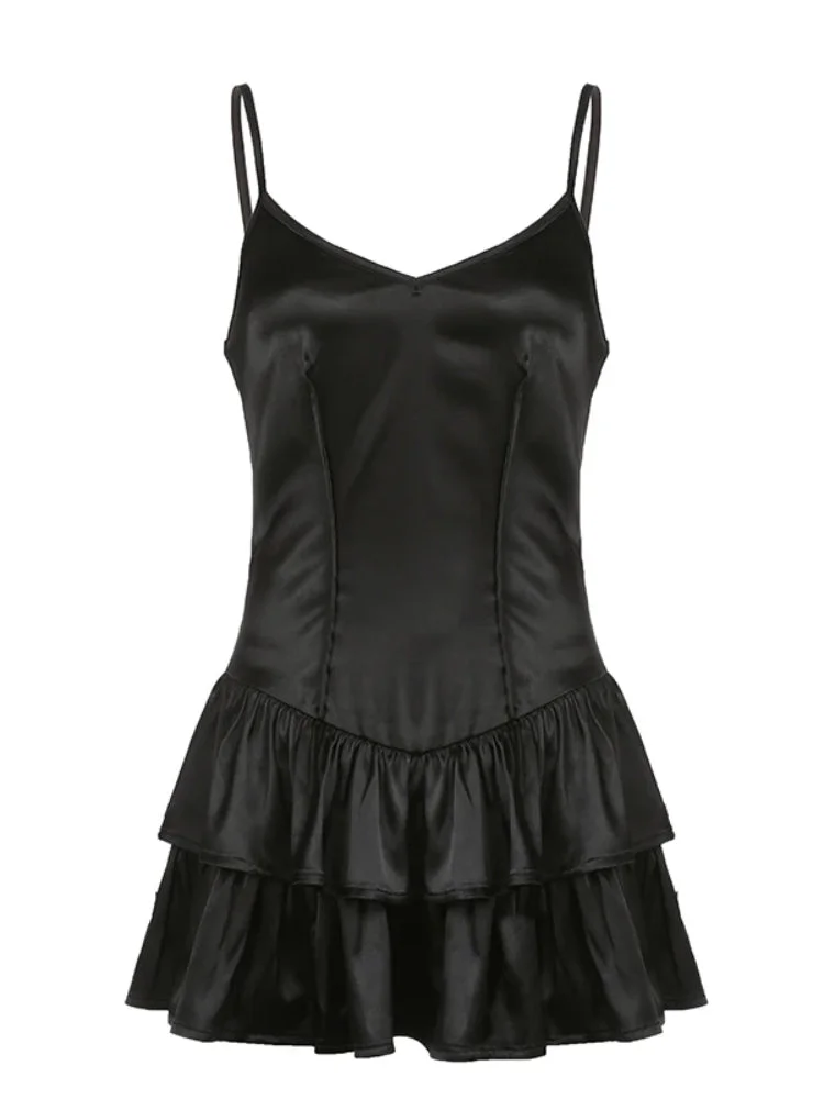 ABEBEY-Black Double-Layer Halter Mini Dress