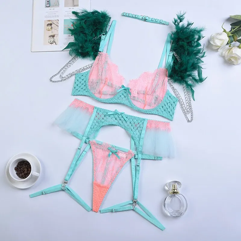Billionm Piece Lace Lingerie Set Contrast Color Luxury Feather Sexy