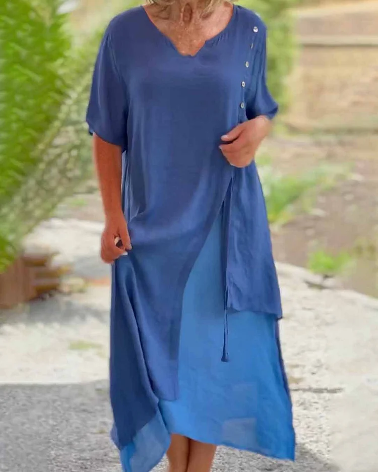 V-neck Short Sleeve Fake Two-Piece Asymmetric Dress socialshop