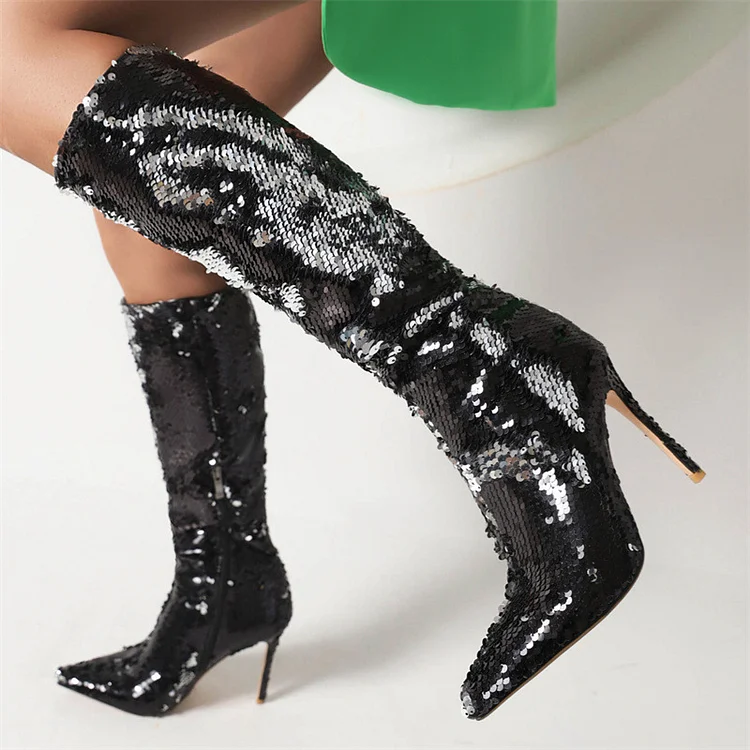 Pointed Toe High Heel Sequin Boots-Black