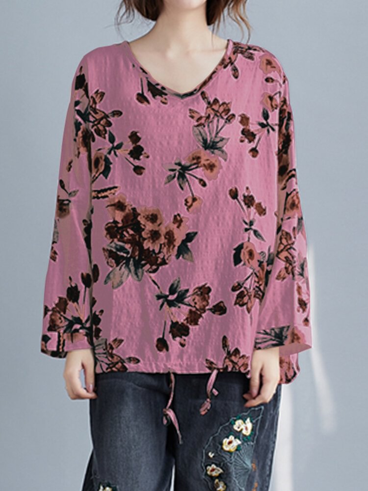 Floral Print V neck Knotted Long Sleeve Casual Blouse for Women P1808595
