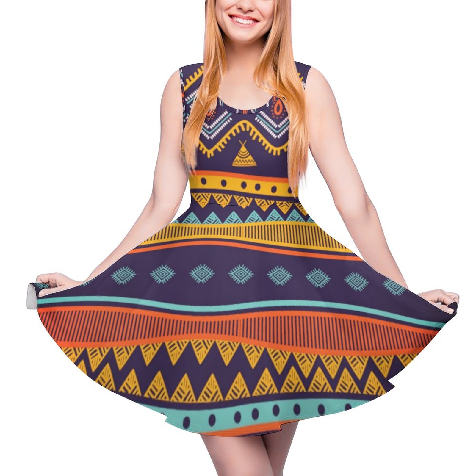 blue dress for baby girl Floral Print Boho Mini Dress Women Sleeveless Skater Short Casual Beach Vacation Summer Fashion C / XXL main image 1