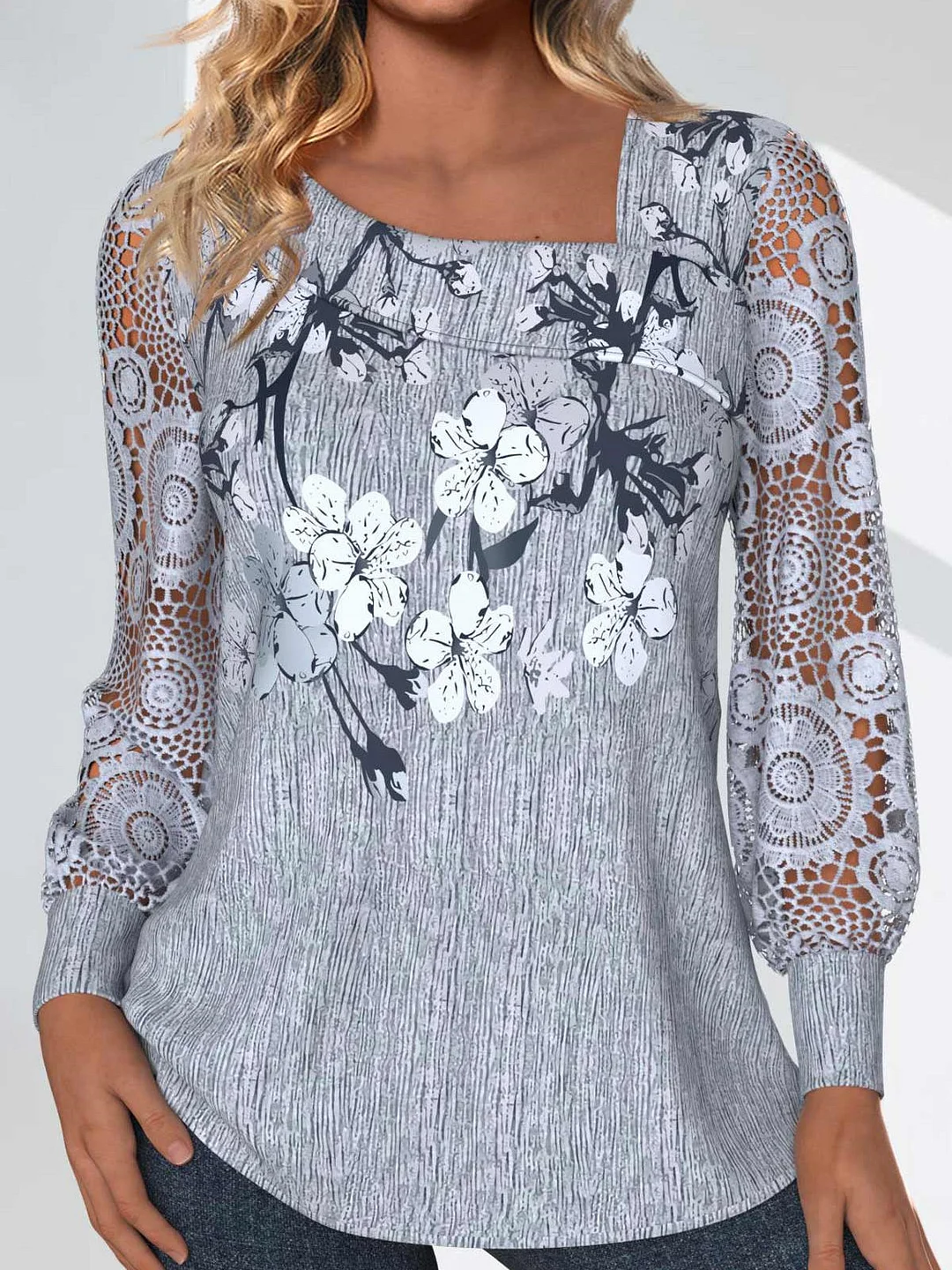 Women Long Sleeve Asymmetrical Collar Floral Printed Graphic Lace Tops