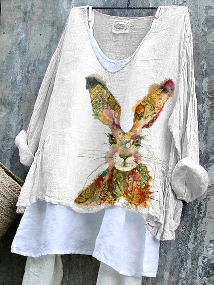 Comstylish Vintage Bunny Watercolor Painting Print Linen Blend Shirt