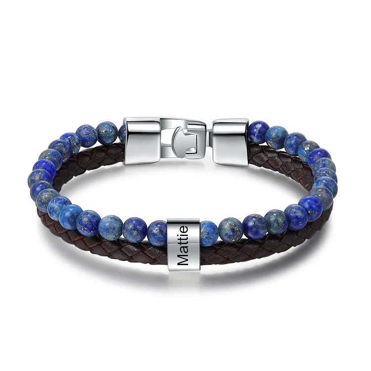 Personalized Men Leather Bracelet Engraved 1 Name with Lapis Lazuli for Him