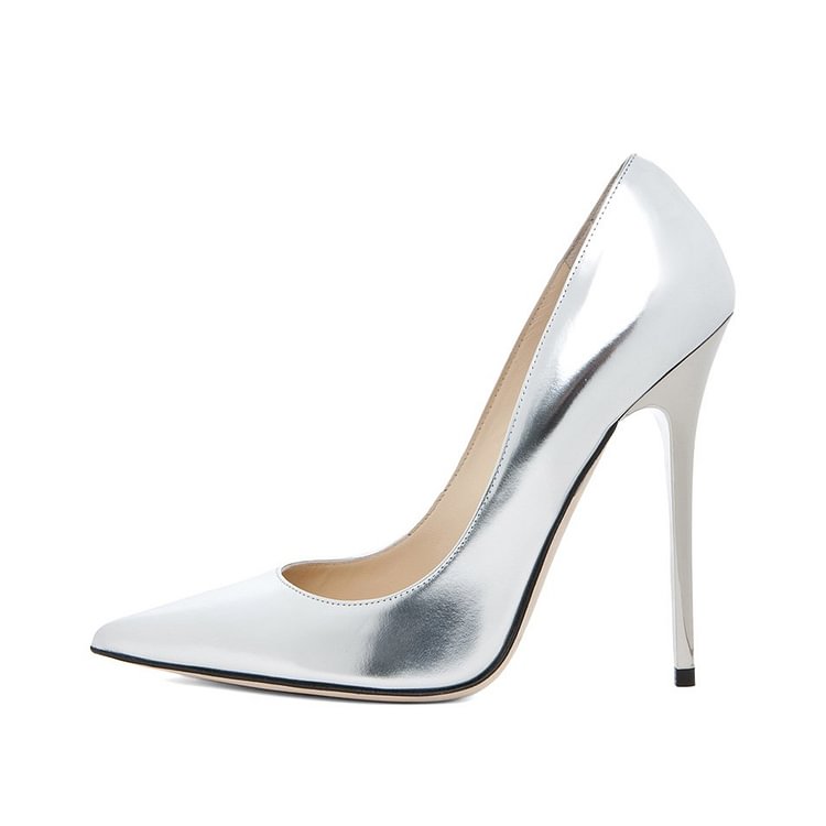 Silver Metallic Heels Pointy Toe Stiletto Heel Pumps for Office Lady |FSJ Shoes