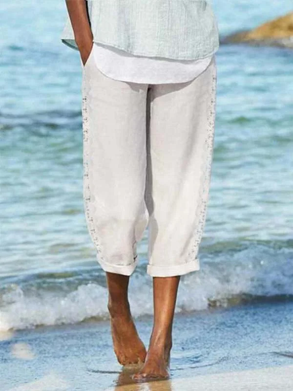 Hollow Lace Stitching Casual Cotton and Linen Pants