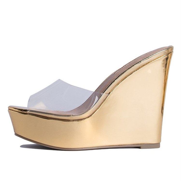 Gold Metallic Clear Wedge Heels Mule Sandals |FSJ Shoes