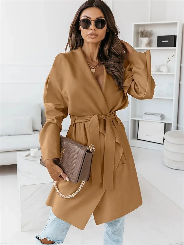 Women's Urban Commuter Autumn and Winter Solid Color Oblique Collar Large Lapel Long-sleeved Tie Cardigan Tweed Jacket