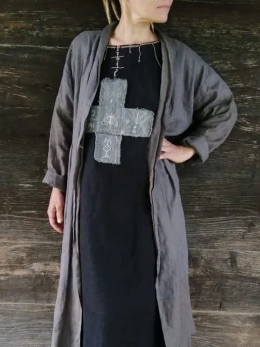 Casual Cross Pattern Long Sleeve Linen Dress