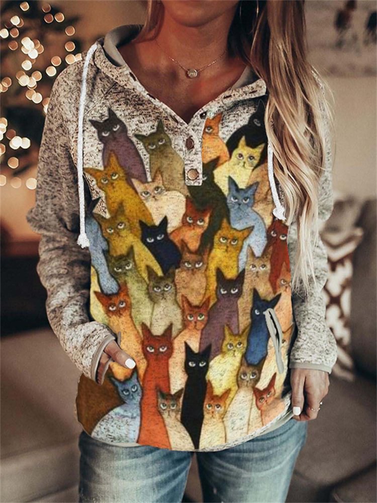 Vefave Lovely Crowded Cats Button Up Hoodie