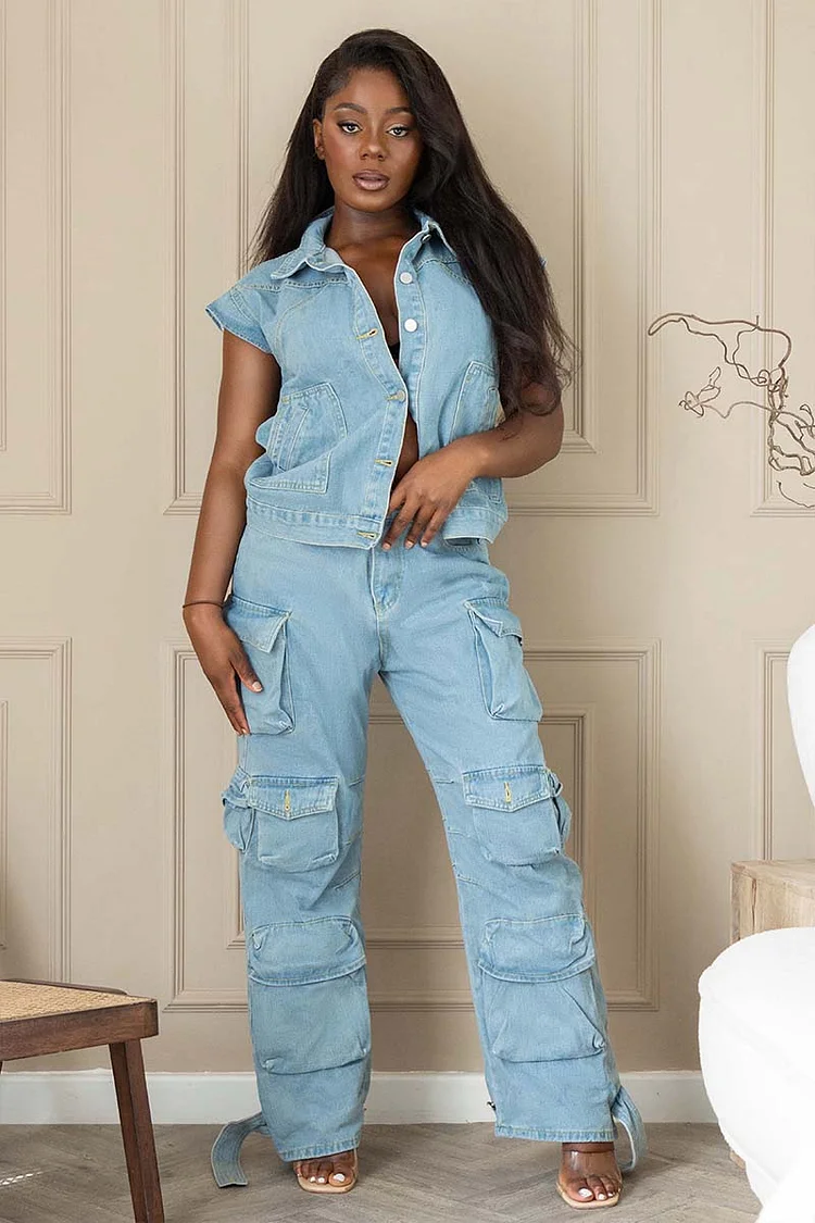 Sleeveless Denim Jacket Wide Leg Jeans Matching Set