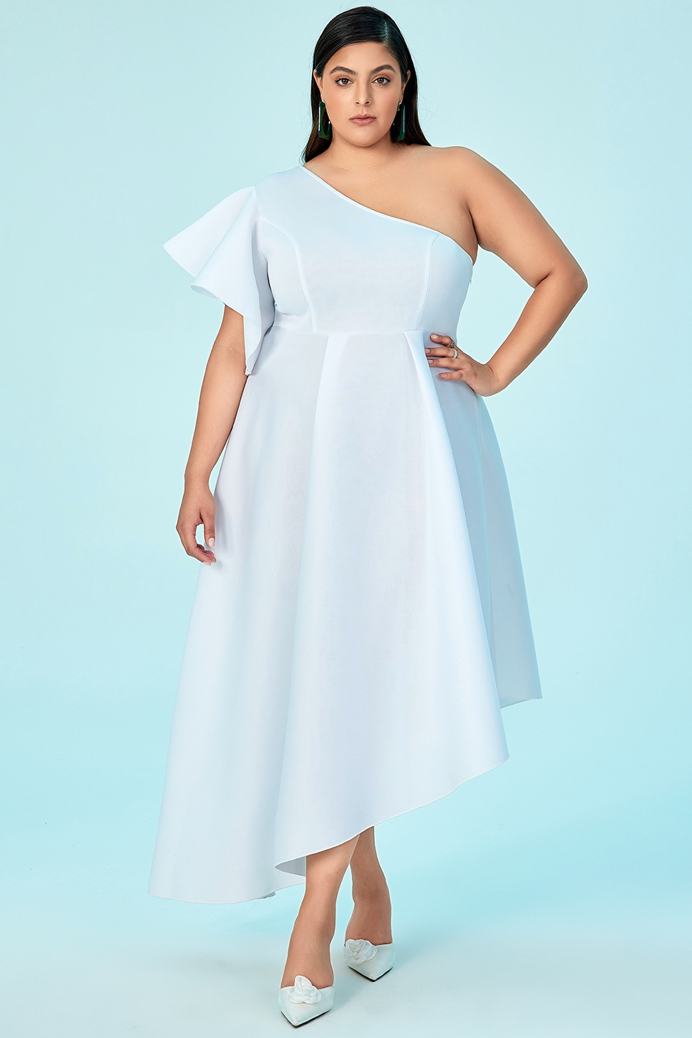 Xpluswear Design Plus Size Semi Formal Dress Sky Blue Knitted One Shoulder Ruffle Sleeve