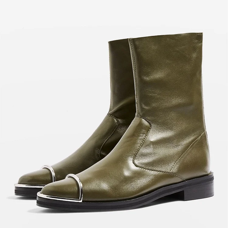 Olive Flat Boots Metal Embellished Fashion Ankle Boots |FSJ Shoes