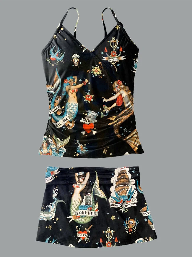 Women's V-neck Vintage Mermaid Print Suspended Dress Tank Top Set Swimwear