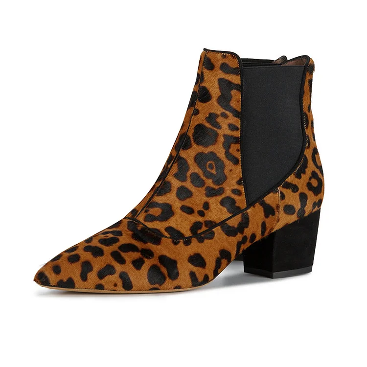 Brown Leopard Print Booties Pointy Toe Block Heel Chelsea Booots |FSJ Shoes