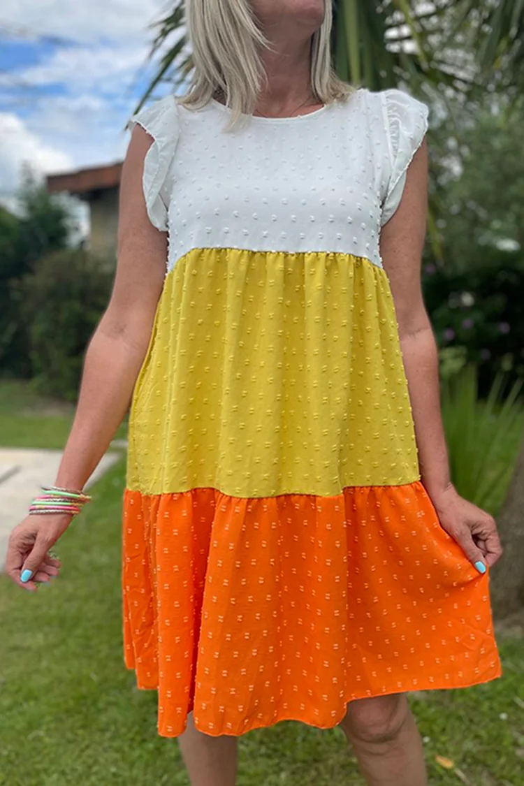 Colorblock Flutter Sleeve Round Neck Linen Jacquard Mini Dresses [Pre Order]