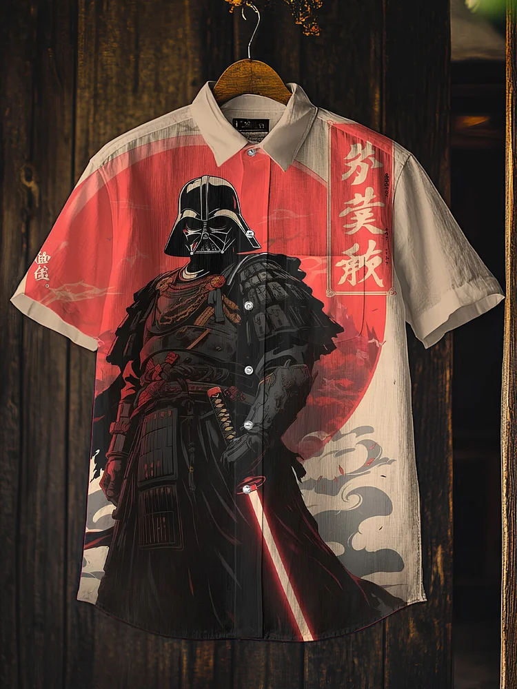 Men's Vintage Japanese Swordsman Print Short Sleeve Shirt