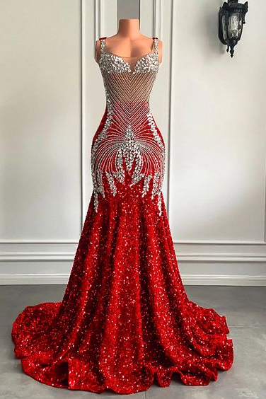 Dresseswow Red Square Mermaid Prom Gown With Sequins Beadings Sleeveless