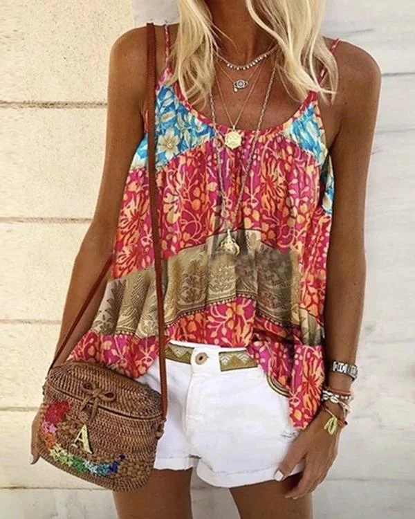 Floral Print Bohemia Crew Neck Plus Size Camis