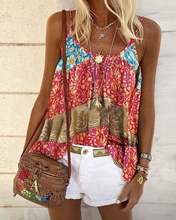 Floral Print Bohemia Crew Neck Plus Size Camis
