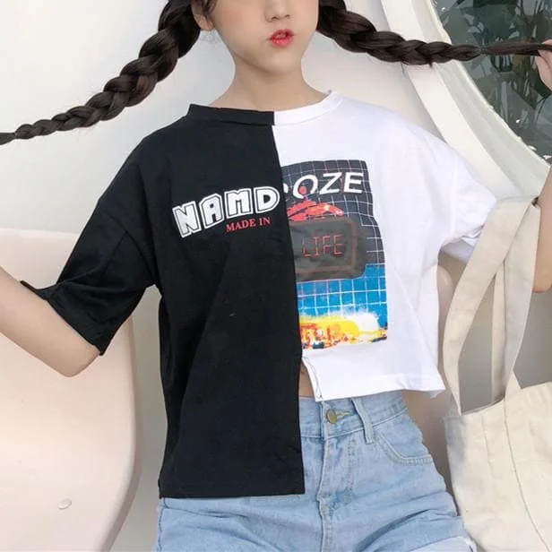 Letter Graphic Contrast Asymmetric Tee Shirt SP13820